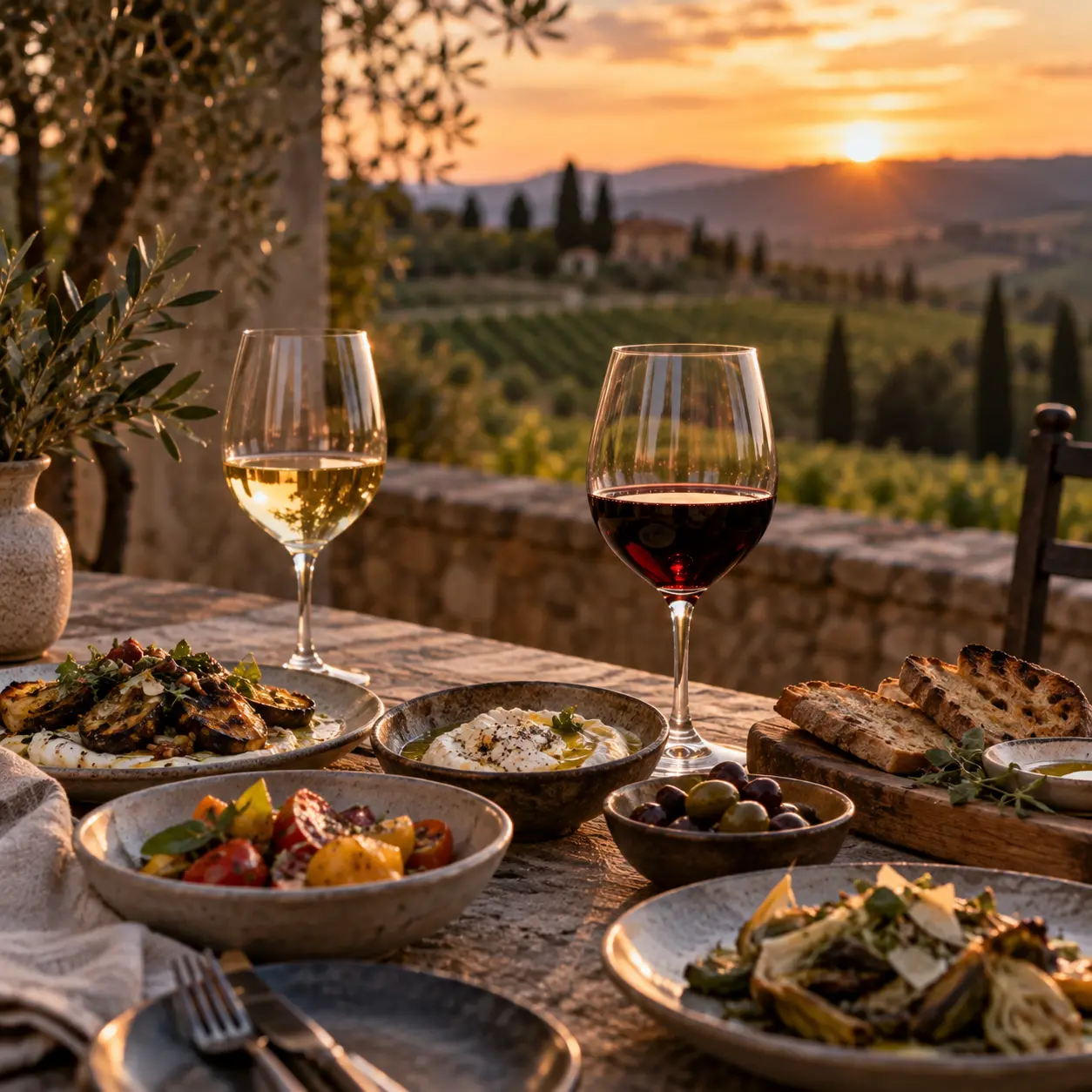 A meal with two glasses of wine
