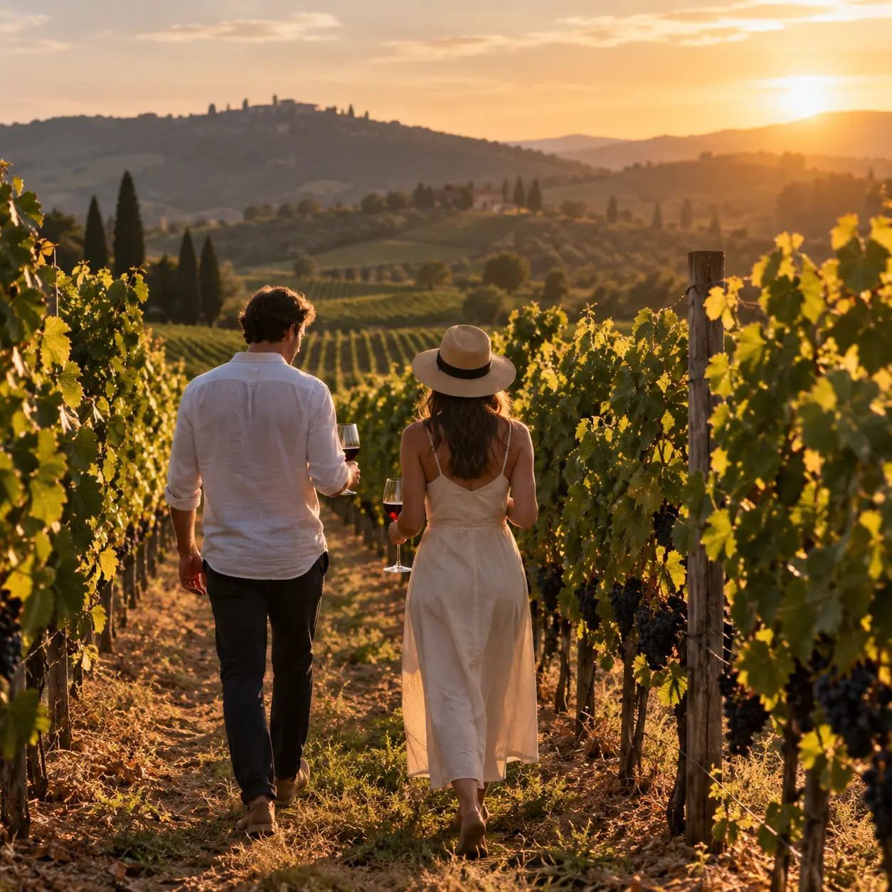 Two guests walking a vineyard row