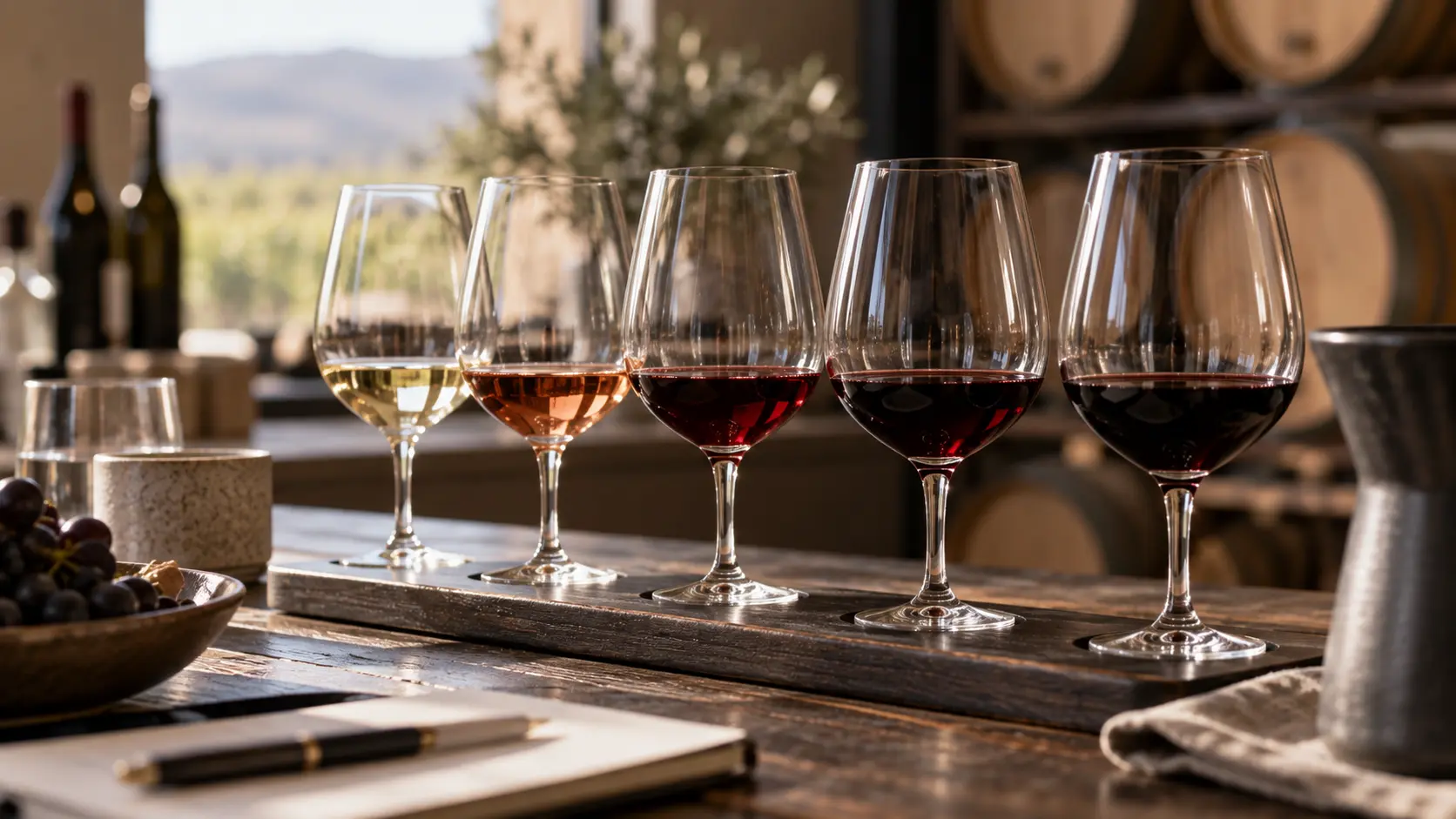 A row of wine glasses at a tasting