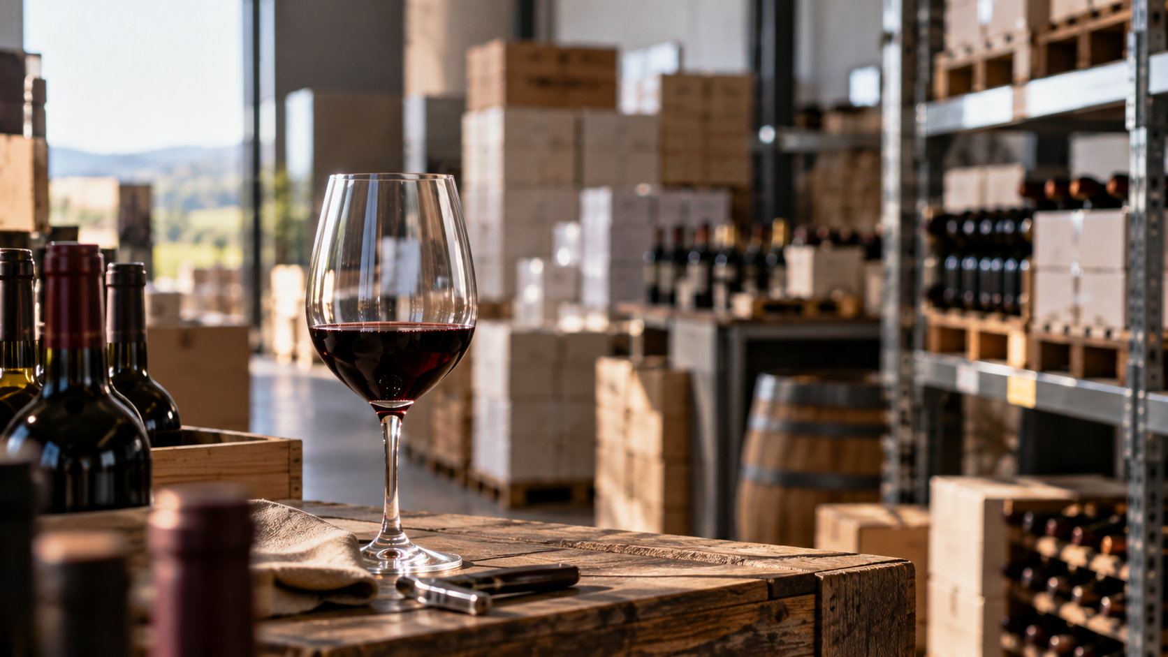 A glass in a wine warehouse