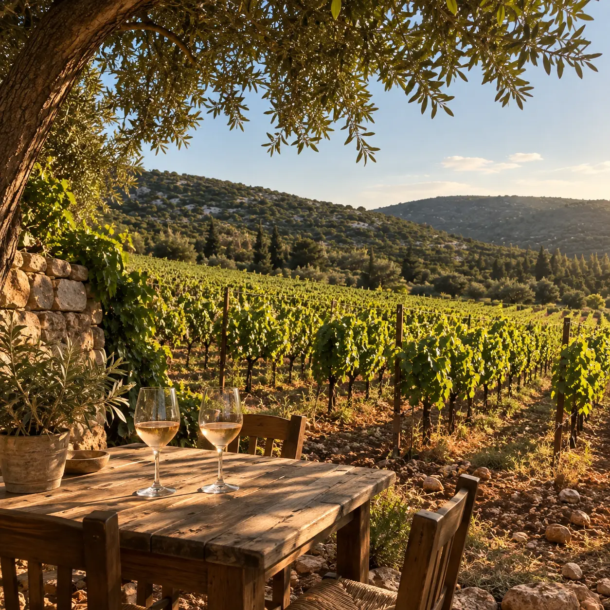 A table at the edge of the vineyard at Domaine Kassis