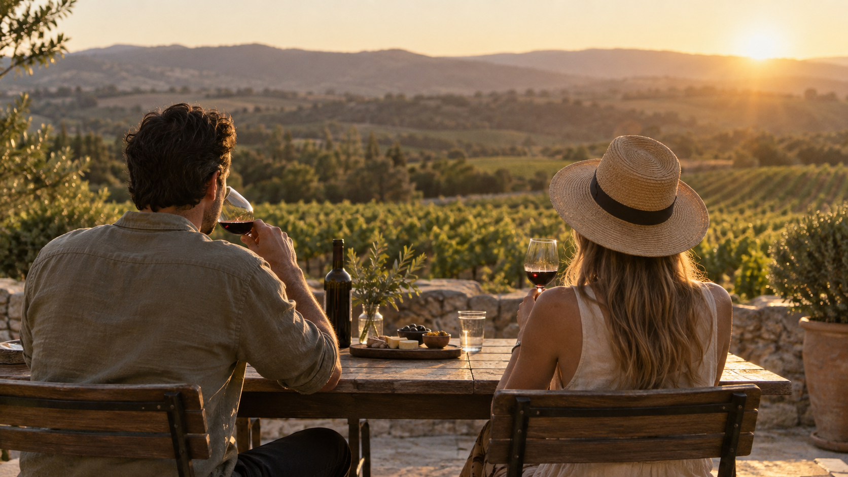 Guests at a private table above a vineyard