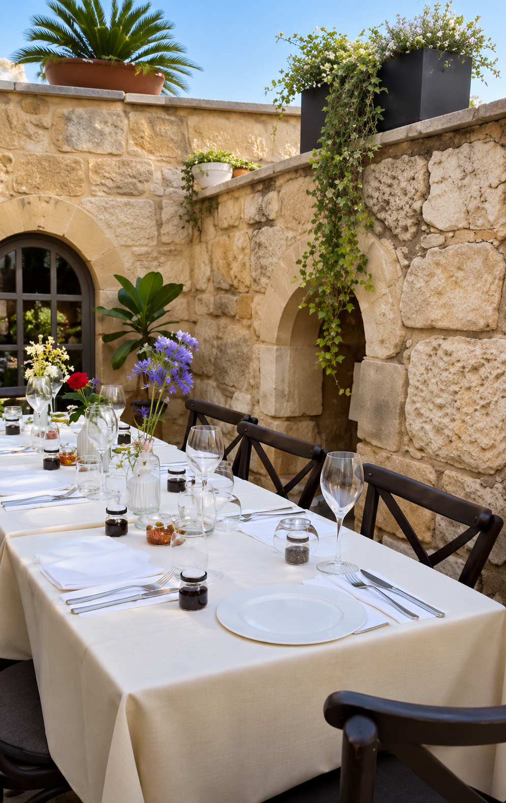 A set table in a stone courtyard