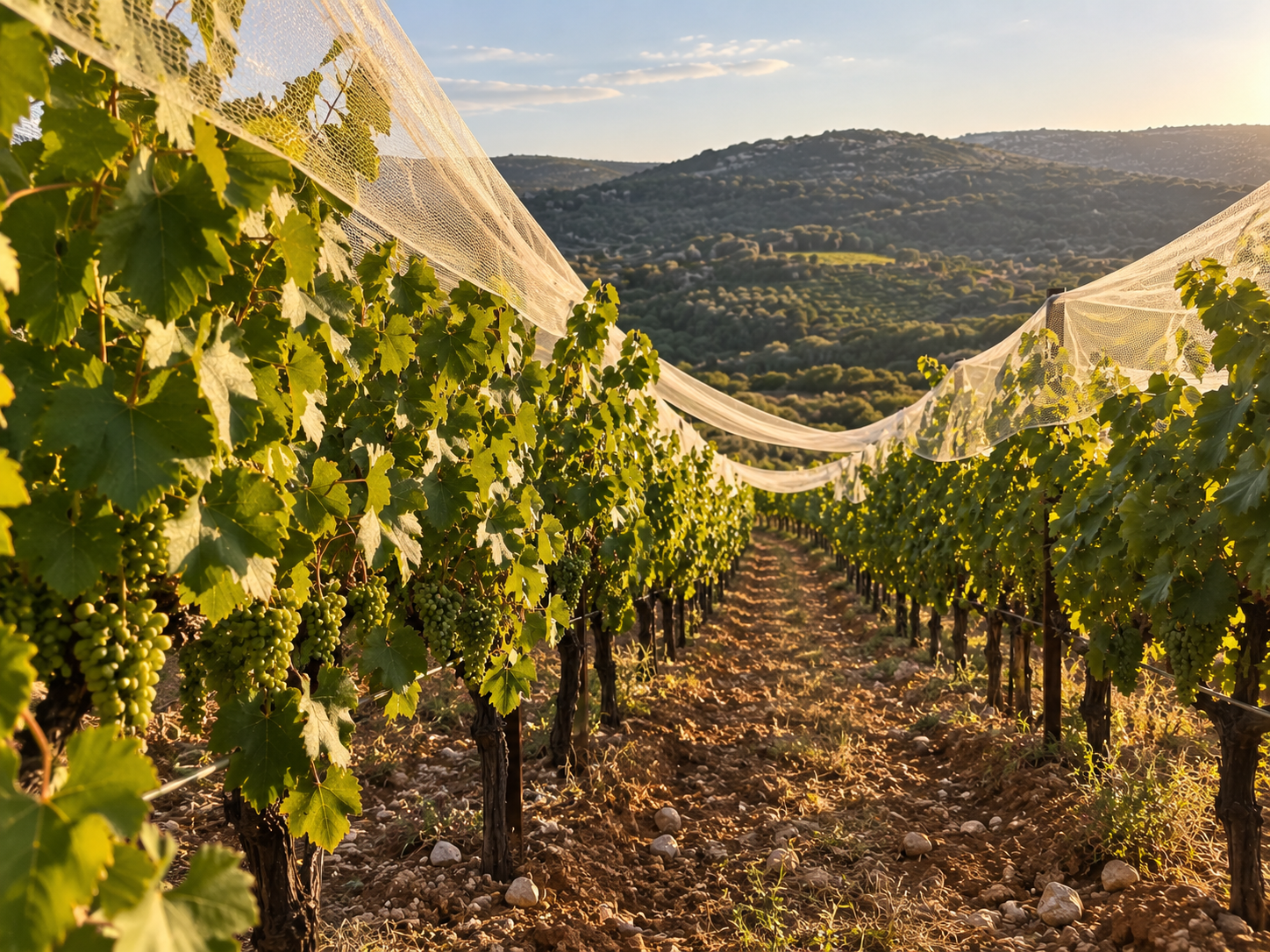 Vine rows under nets at Julia Winery