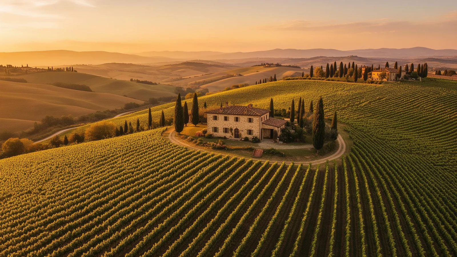 Tuscan vineyard at golden hour
